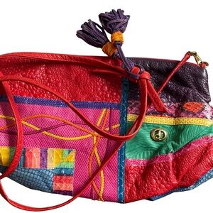 Vintage 80s Carlo Fiori Colorful Patchwork Leather Crossbody Clutch Bag
